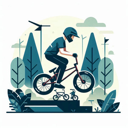 Bicyclist in the park. Flat style vector illustration.のイラスト素材