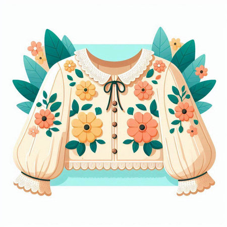 Vector illustration of a women's sweater decorated with flowers and leaves.のイラスト素材