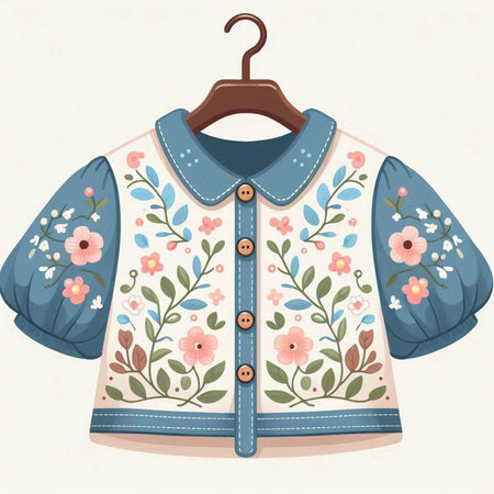 Illustration of a blue shirt with floral pattern on a hangerのイラスト素材
