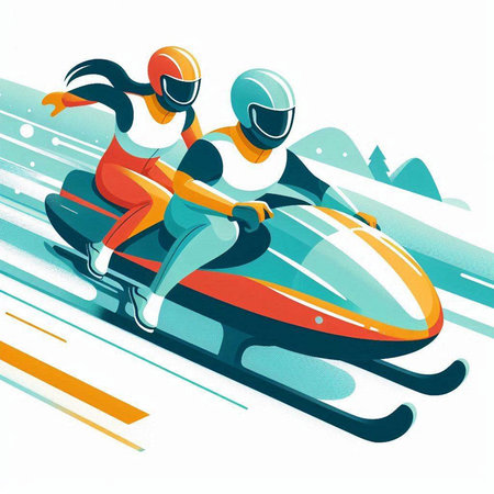 Snowboarders riding on a snowmobile. Cartoon vector illustration.のイラスト素材
