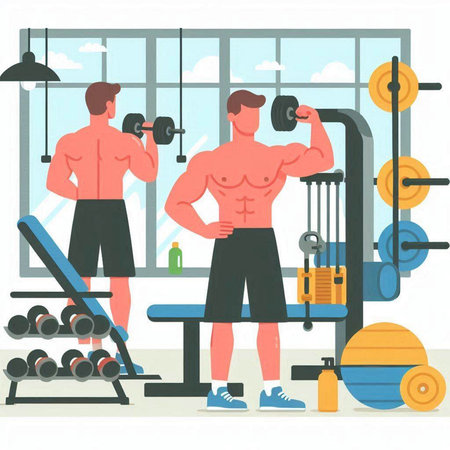 Man doing exercises with dumbbells in gym. Vector flat illustrationのイラスト素材