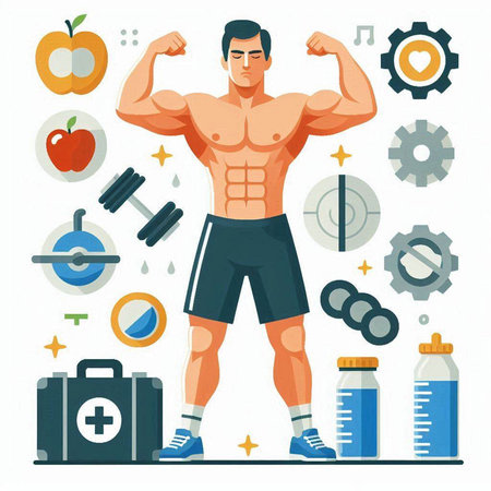 Healthy lifestyle, bodybuilding concept. Vector illustration in flat styleのイラスト素材