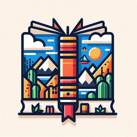 Colorful vector illustration of a book with a mountain landscape in the backgroundのイラスト素材