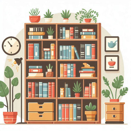 Bookshelf with books and plants. Vector illustration in flat styleのイラスト素材