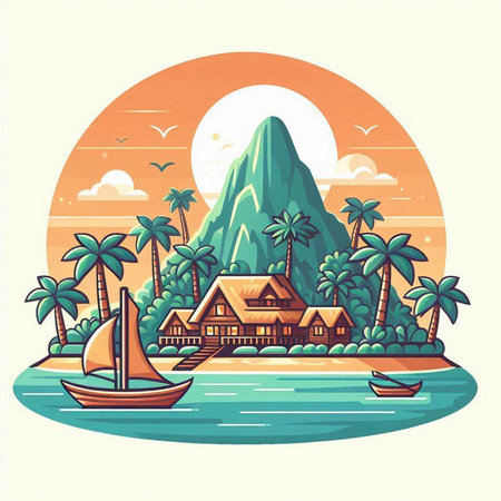 Tropical island with palm trees, bungalows and boats. Vector illustration.のイラスト素材