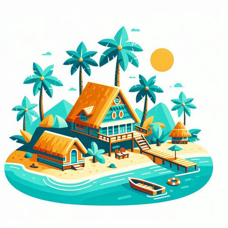 Island with bungalows and palm trees. Vector illustration.のイラスト素材
