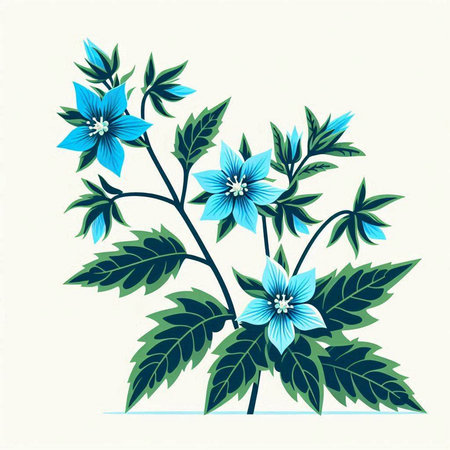 Blue flowers with green leaves on a white background. Vector illustration.のイラスト素材