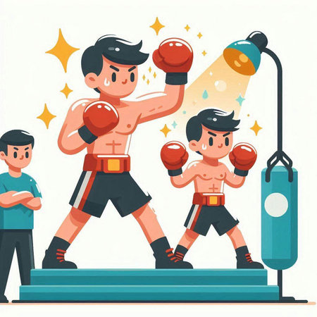Boxing training vector illustration. Cartoon boxer with boxing gloves and punching bagのイラスト素材