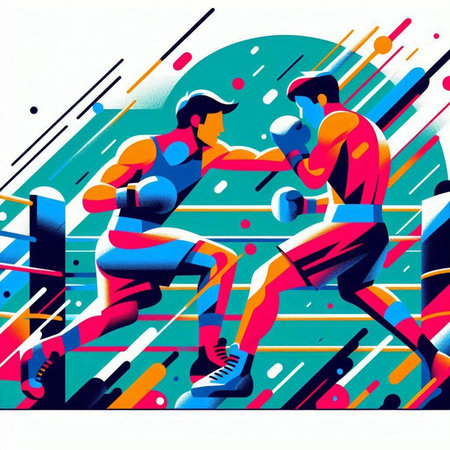 Boxing. Vector illustration of two boxers in action on abstract backgroundのイラスト素材