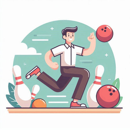Young man playing bowling. Vector illustration in flat style on white background.のイラスト素材