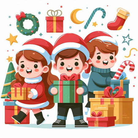 Cute cartoon kids in Santa hats with Christmas presents. Vector illustration.のイラスト素材