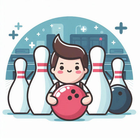 Cute little boy playing bowling. Vector illustration in cartoon style.のイラスト素材