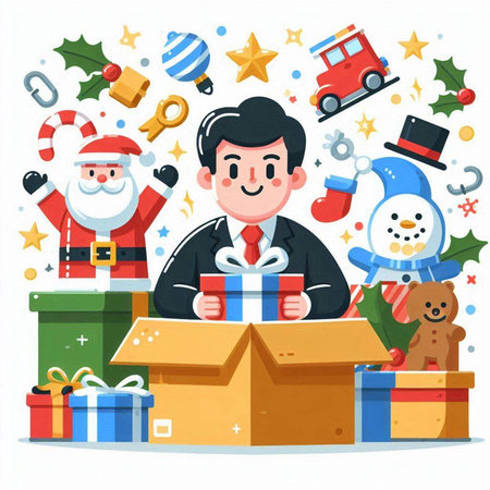 Merry Christmas and Happy New Year. Santa Claus, snowman, elf, snowman, gift box. Vector illustrationのイラスト素材