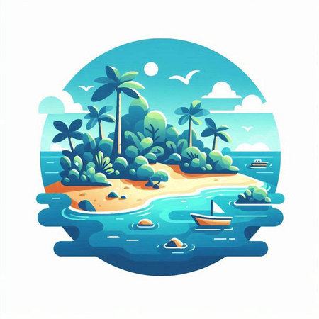 Tropical island with palm trees and boat. Vector illustration.のイラスト素材