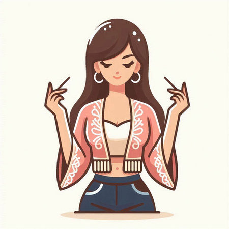 Young beautiful woman in a pink blouse and blue shorts. Vector illustration.のイラスト素材