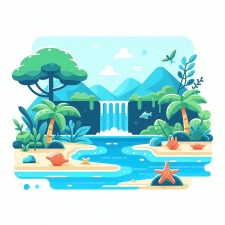 Landscape of the river and the waterfall. Flat style vector illustration.のイラスト素材
