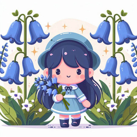 Cute little girl with bluebell flowers. Vector illustration in cartoon style.のイラスト素材