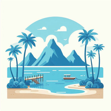 Beach with palm trees and mountains. Vector illustration in flat styleのイラスト素材