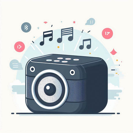 Music speaker with music notes on colorful background. Flat style vector illustration.のイラスト素材