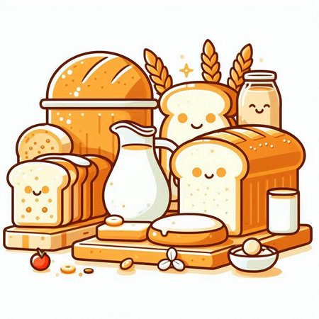 Illustration of a Set of Bread and Bakery Items on White Backgroundのイラスト素材