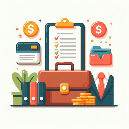 Flat design business concept with briefcase, briefcase, money, briefcase and icons. Vector illustrationのイラスト素材