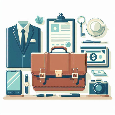 Suitcase and business accessories on the shelf. Vector illustration.のイラスト素材