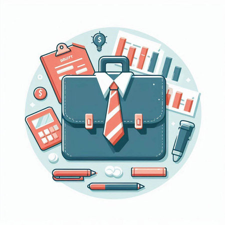 Vector illustration of a briefcase with a necktie, a calculator, a pen, a calculator and a business card.のイラスト素材