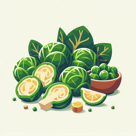 Brussels sprouts with green leaves and slices, vector illustrationのイラスト素材