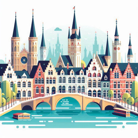 Bruges, Belgium, Europe. Vector illustration. Cityscape.のイラスト素材