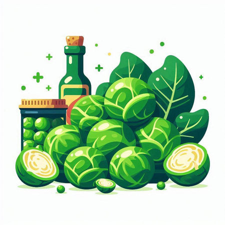Brussels sprouts with green leaves, bottle of olive oil and garlic. Vector illustration.のイラスト素材