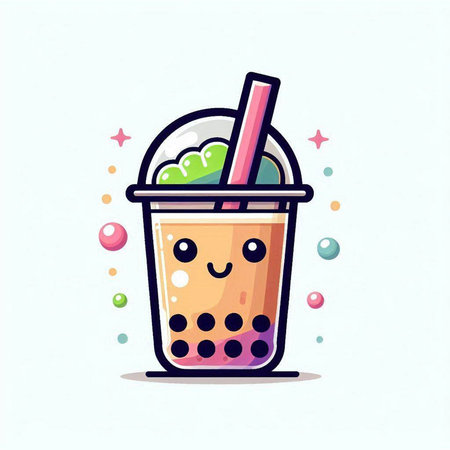 Funny bubble tea cartoon vector illustration. Cute bubble tea character design.のイラスト素材