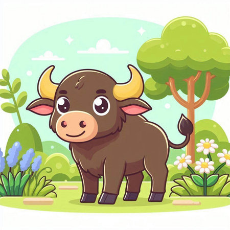 Cute cartoon buffalo standing in the garden. Vector illustration in a flat style.のイラスト素材