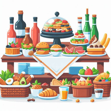 Vector illustration of bar counter with different food and drinks. Barbecue, grill, hamburger, cheeseburger, croissant, sandwiches, ice cream, pizza, wine, bread and cheese.のイラスト素材