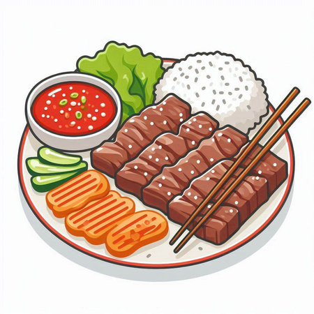 Illustration of japanese food on a plate with chopsticksのイラスト素材