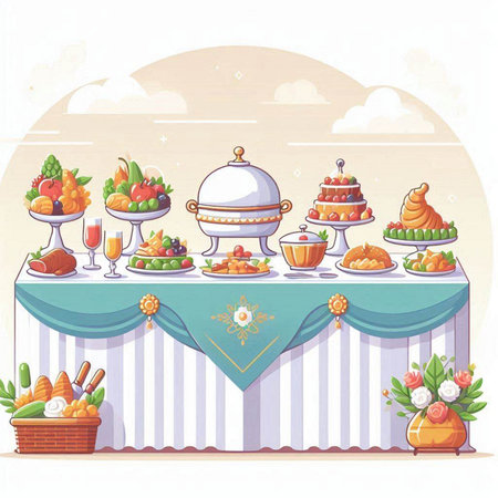 Illustration of a table with fruits and food on a white backgroundのイラスト素材