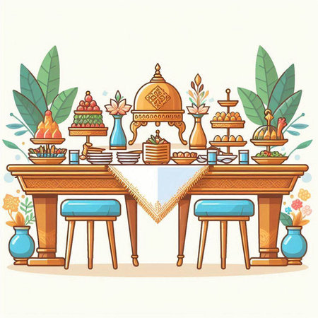 Illustration of the table and chairs for dinner. Vector illustration.のイラスト素材