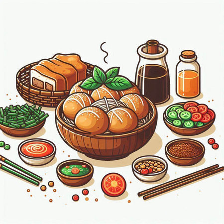 Illustration of a set of Asian food and dishes on a white backgroundのイラスト素材