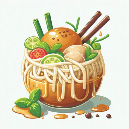 Vector illustration of a bowl of noodle soup with chopsticks.のイラスト素材