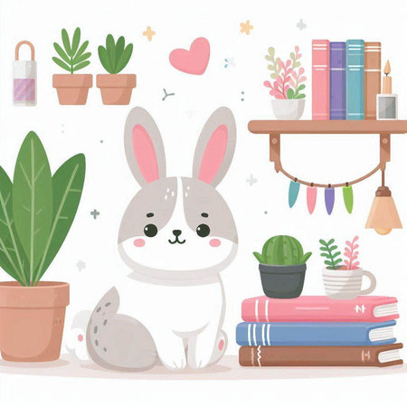 Vector illustration of cute rabbit sitting on bookshelf with houseplantsのイラスト素材