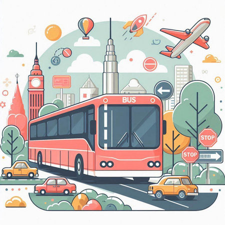 City transport. Bus on the road in the city. Vector illustrationのイラスト素材