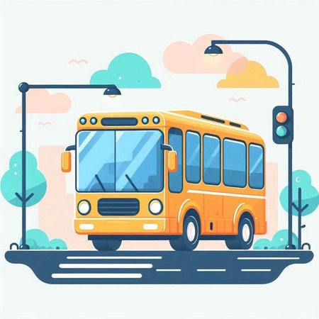 Bus on the road. Vector illustration in flat cartoon style. Isolated on white background.のイラスト素材