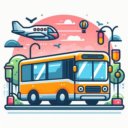 Bus in the city. Colorful vector illustration in flat style.のイラスト素材
