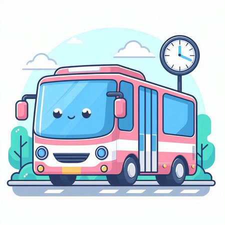 Cute cartoon bus on the background of the road. Vector illustrationのイラスト素材