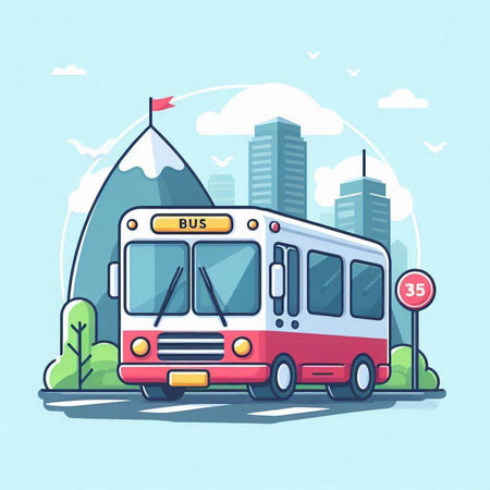 Bus in the city. Vector illustration in flat cartoon style on a blue background.のイラスト素材