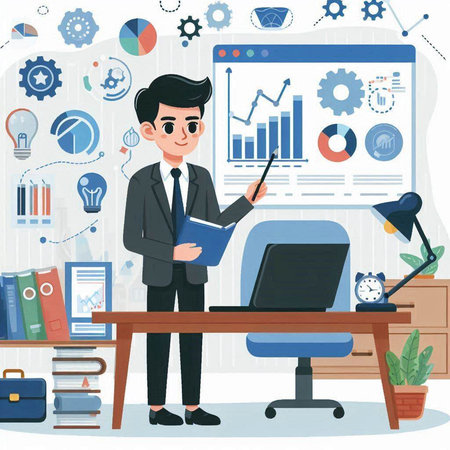 Businessman working in office with charts and graphs. Vector illustration.のイラスト素材