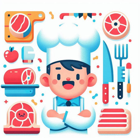 Cute cartoon chef with food icons. Vector illustration in flat styleのイラスト素材