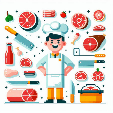 Butcher, meat shop, butcher shop. Vector illustration in flat styleのイラスト素材