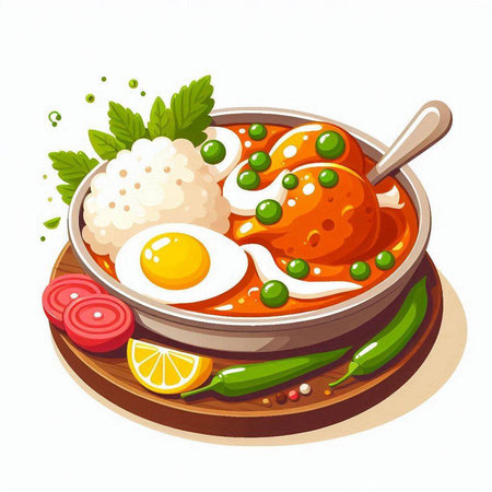 Illustration of a bowl of rice with tomato sauce, egg and green peasのイラスト素材