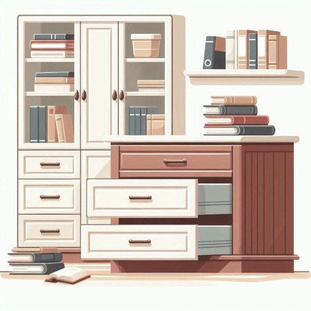 Furniture with books and bookshelf. Vector illustration.のイラスト素材