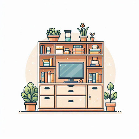 Vector illustration of a cozy living room with a TV, bookshelf, plants and flowers.のイラスト素材